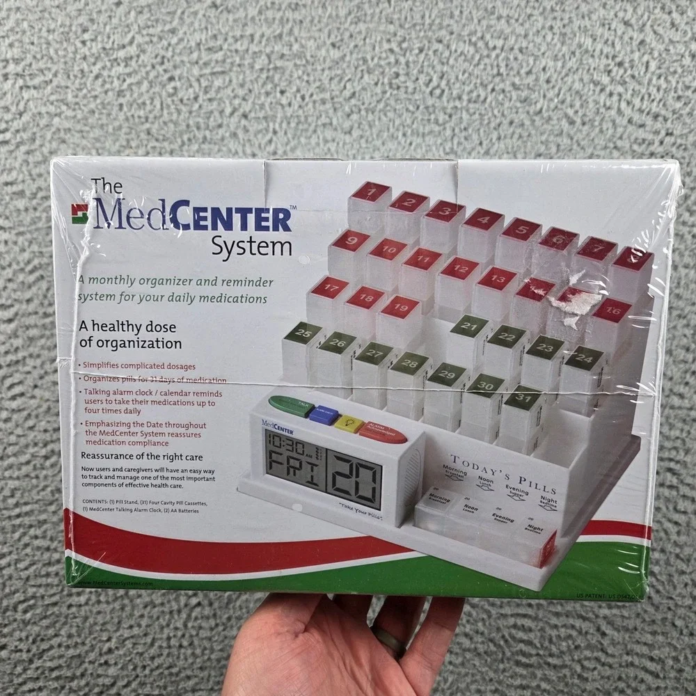MedCenter Monthly Pill Organizer System Talking Alarm Clock 31 Day White Red
